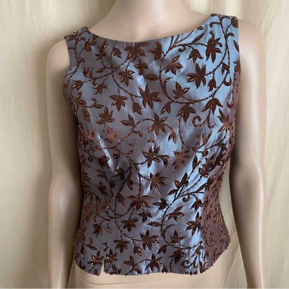 Vintage Designer JS Collections silk floral leaf beaded formal sleeveless top - Picture 7 of 7